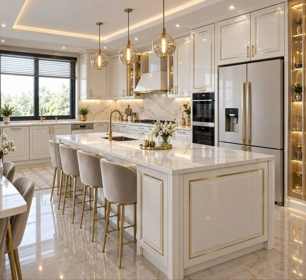 کابینت و جزیره سفید طلایی انزو با لوستر طلایی و صفحه کابینت سفید